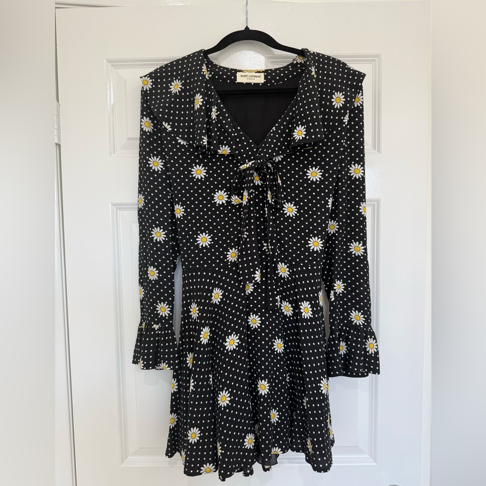 Saint Laurent Black and White Floral Long Sleeve Dress